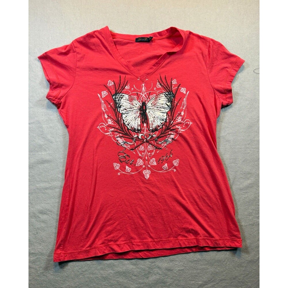 Seven7 Women’s Pink V-Neck Short Sleeve Cotton Knit Butterfly Graphic Tee M